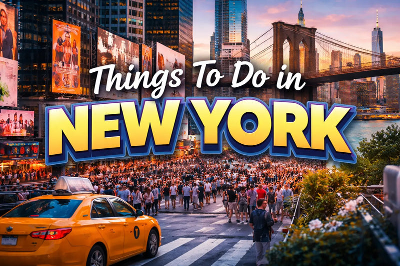 A busy New York City street with a yellow taxi and a large crowd near the Brooklyn Bridge.