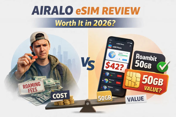 A man holds an eSIM while looking at money, comparing costs and value of data plans on a phone.