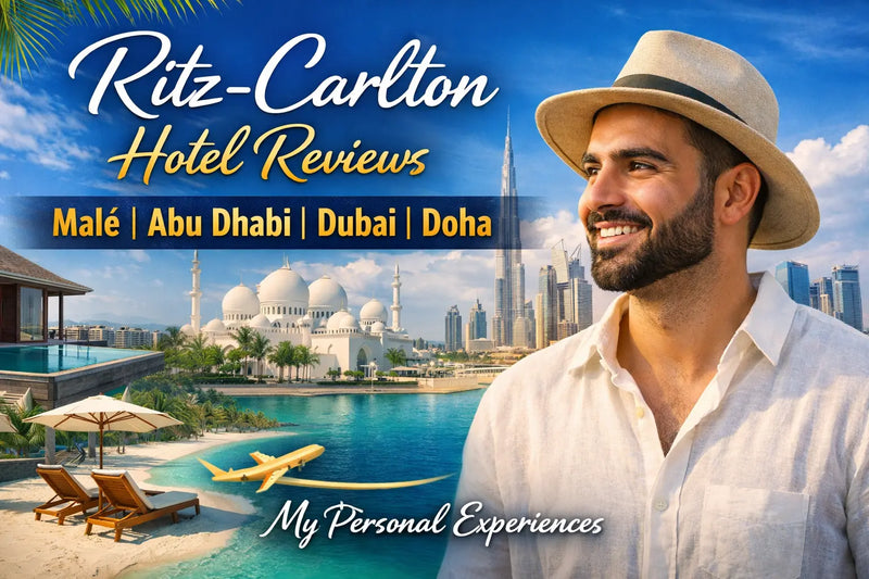 A man in a beige hat smiles by a beach, showcasing Ritz-Carlton hotel reviews for Malé, Abu Dhabi, Dubai, and Doha.
