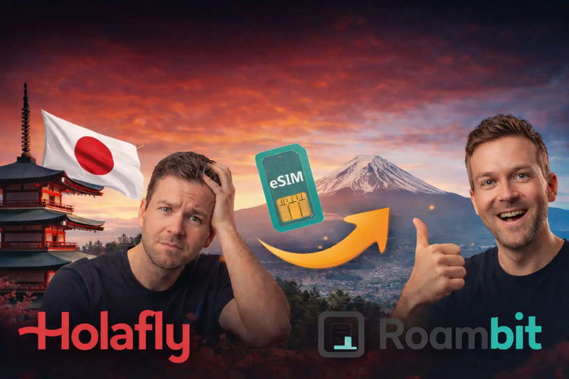 A man shows a worried expression with the Japan flag and Mount Fuji in the background, promoting eSIM options.