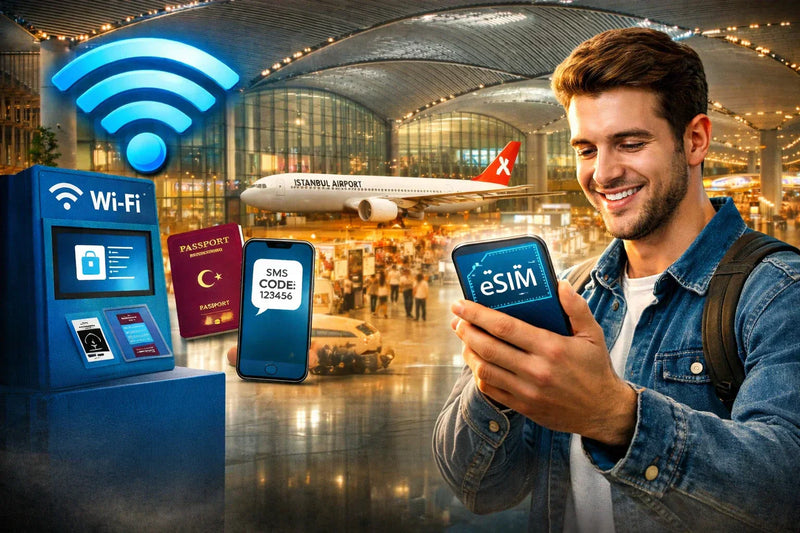 A young man checks his phone at the airport, near a Wi-Fi kiosk. A plane is visible in the background.