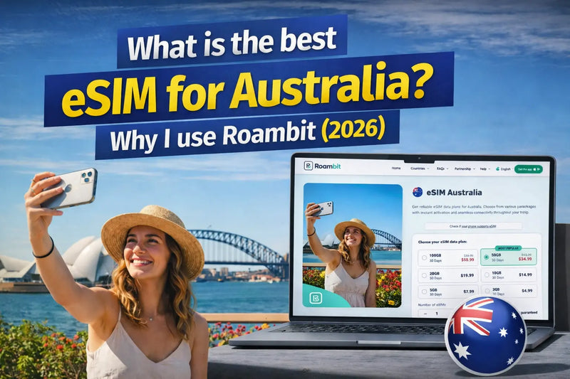 A woman takes a selfie with a phone in front of Sydney Opera House, with Roambit website on laptop.