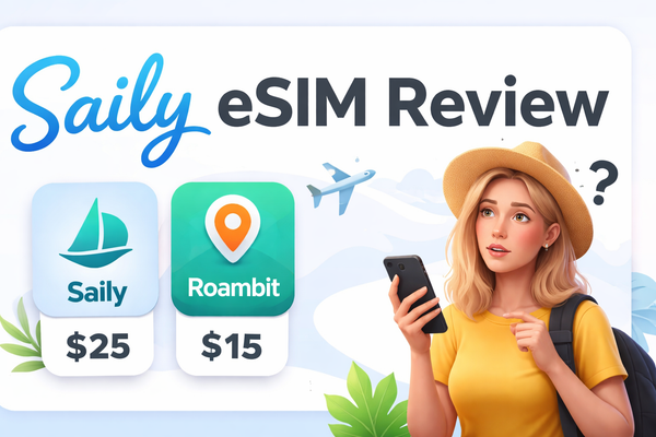 A woman in a yellow shirt and hat holds a smartphone, pondering. Saily and Roambit eSIM prices are shown.