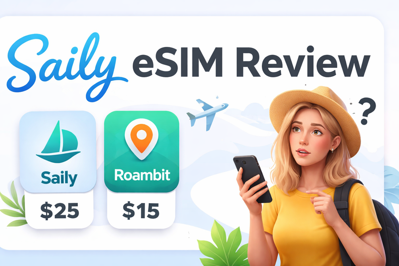 A woman in a yellow shirt and hat holds a smartphone, pondering. Saily and Roambit eSIM prices are shown.