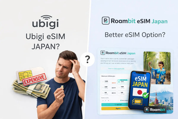 A man looks confused while holding a SIM card, comparing Ubigi and Roambit eSIM options for Japan.