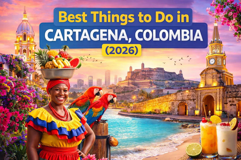 Colorful graphic promoting activities in Mexico City, featuring tacos, a flag, and landmarks.