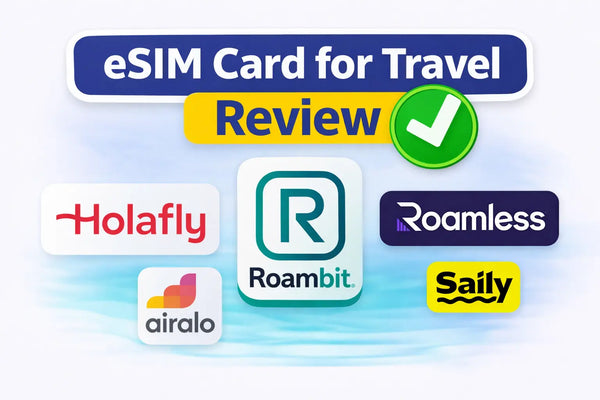 Colorful logos of eSIM card providers for travel, with a review label.