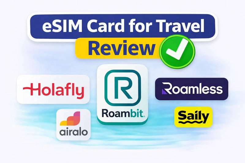 Colorful logos of eSIM card providers for travel, with a review label.