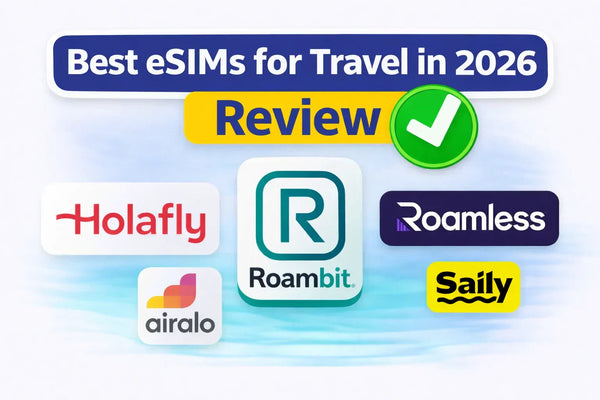 Graphic listing the best eSIMs for travel in 2026, featuring logos of Holafly, Airalo, Roambit, Roamless, and Saily.