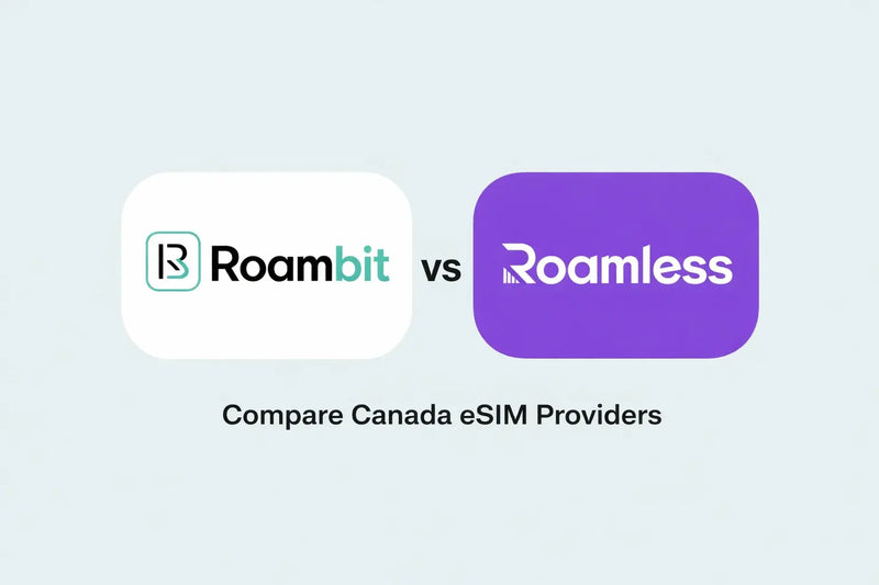 Logos of Roambit and Roamless compared, with text about Canada eSIM Providers.
