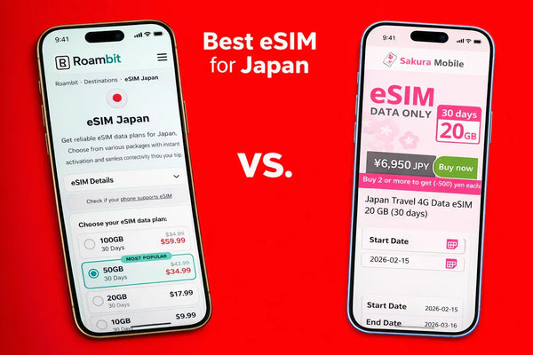 Two smartphones displaying eSIM plans for Japan on a red background. One offers 20GB for 6,950 JPY, the other shows options from 5GB to 50GB.