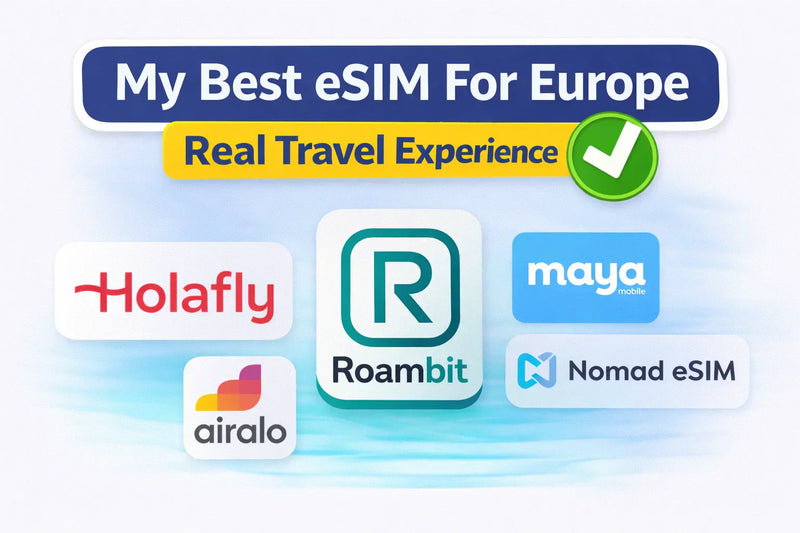 Best eSIM options for Europe with logos of Holafly, Roambit, maya mobile, airalo, and Nomad eSIM.
